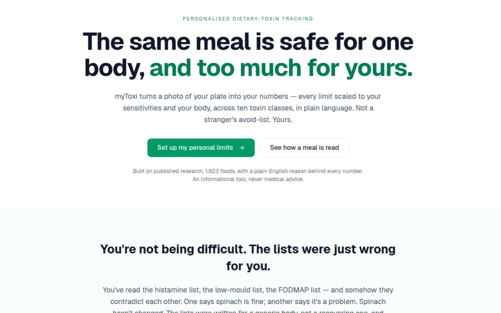 myToxi — personalised dietary-toxin tracking, homepage